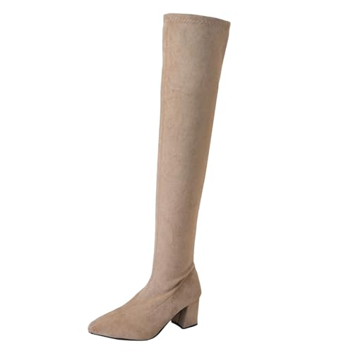 VBEDKDEB Boots Damen Kniehohe Stiefel Modische, Lange, Spitze Wildlederstiefel mit Blockabsatz für Damen Cowboy (Khaki, 41) von VBEDKDEB