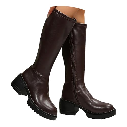 VBEDKDEB Boots Damen Kniehohe Stiefel Modische, vielseitige Kniehohe Stiefel für Damen. Lange mit dickem Absatz und seitlichem Reißverschluss. Gummistiefel Festival (Brown, 42) von VBEDKDEB