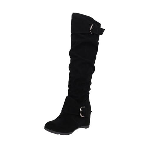 VBEDKDEB Boots Damen Kniehohe Stiefel Modische Damen Stiefel massivem mit Gürtelschnalle erhöhtem Keilabsatz wasserdichte Schuhe (39) von VBEDKDEB