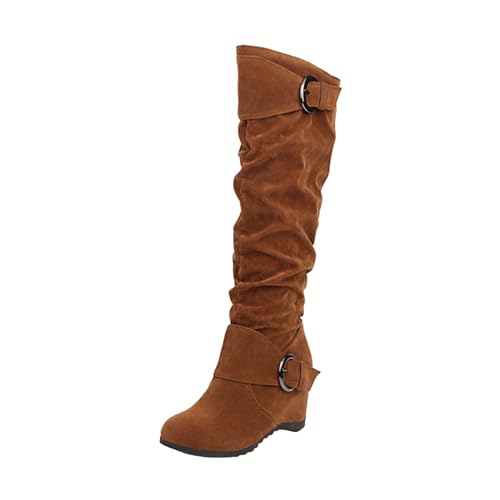 VBEDKDEB Boots Damen Kniehohe Stiefel Modische Damen Stiefel massivem mit Gürtelschnalle erhöhtem Keilabsatz wasserdichte Schuhe (Brown, 41) von VBEDKDEB
