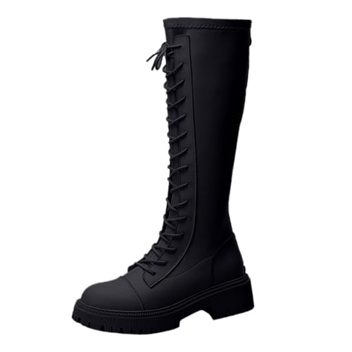 VBEDKDEB Boots Damen Kniehohe Stiefel Modische Damenstiefel aus Leder mit Dicker Sohle und Schnürung, Lange Stiefel in Volltonfarbe Cowboy (38) von VBEDKDEB