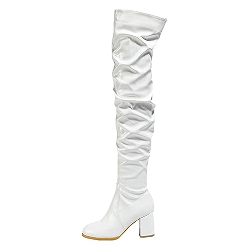 VBEDKDEB Boots Damen Kniehohe Stiefel Modische Damenstiefel mit runder Zehenpartie Lederbeschichtung für die Wintersaison. Modische, vielseitige knielange Stiefel Gummistiefel Kurz Damen (White, 37) von VBEDKDEB