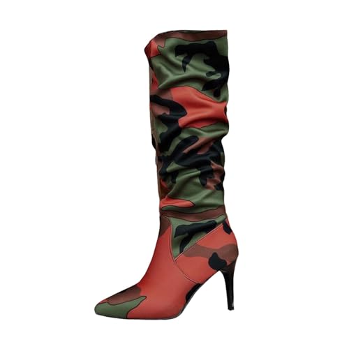 VBEDKDEB Boots Damen Kniehohe Stiefel Modische Kniehohe Stiefel mit Patchwork Farben und Stilettoabsatz für Damen Bootsschuhe 22222 (Red, 42) von VBEDKDEB