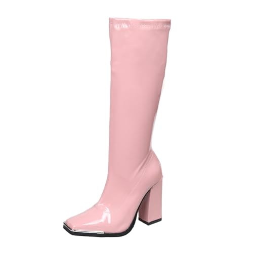 VBEDKDEB Boots Damen Kniehohe Stiefel Modische lässige Kniehohe Stiefel einfarbigem für Damen mit dickem Absatz spitzer Zehenpartie Braune Schuhe (39) von VBEDKDEB