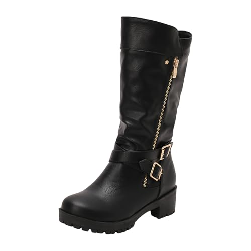 VBEDKDEB Boots Damen Kniehohe Stiefel Runde Zehenpartie Damenmode Stiefel Stilvolle Casual Retro Leder Oberbekleidung Dicker Absatz Kniehohe Damen Mit Absatz (38) von VBEDKDEB