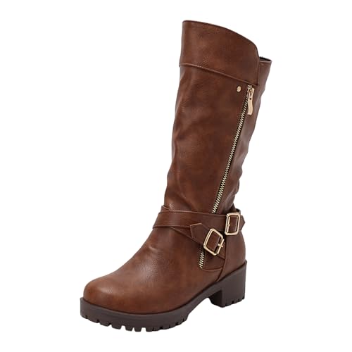 VBEDKDEB Boots Damen Kniehohe Stiefel Runde Zehenpartie Damenmode Stiefel Stilvolle Casual Retro Leder Oberbekleidung Dicker Absatz Kniehohe Damen Mit Absatz (Yellow, 39) von VBEDKDEB