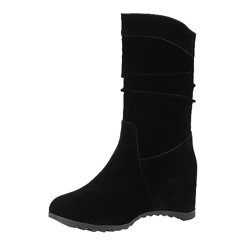 VBEDKDEB Boots Damen Mid Calf Stiefel 2023 /Winter Damenstiefel mit erhöhtem Keilabsatz flachem Boden, Bequeme, mittellange Stiefel, gestapelte gefaltete Reitstiefel Damen (41) von VBEDKDEB