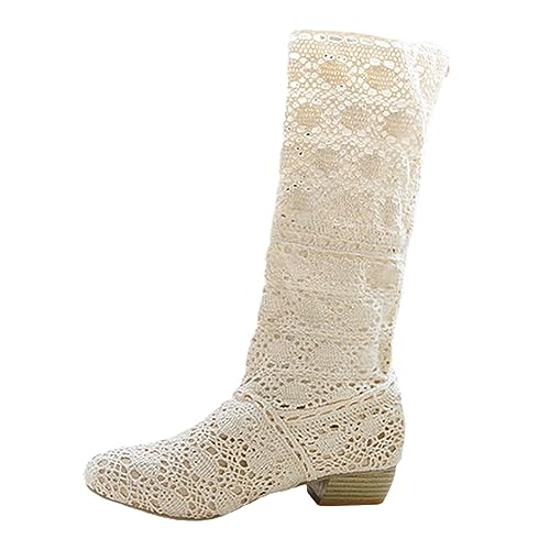 VBEDKDEB Boots Damen Mid Calf Stiefel Außenhandel Damenstiefel Spitze Hohl Niedrigabsatz Runder Hoher Schaft Lange Stiefel Regenstiefel Damen (White, 38) von VBEDKDEB
