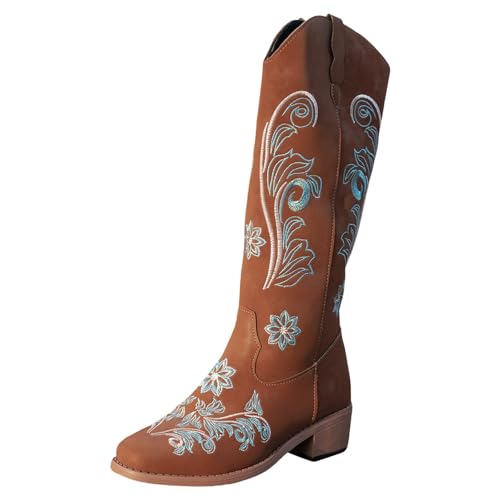 VBEDKDEB Boots Damen Mid Calf Stiefel Außenhandel Große Größe Hohe Stiefel Nicht Über Dem Knie Hohe Herbst Und Winter Neue Gedruckt Quadratischen Absatz Gummistiefel Kurz (Brown, 38) von VBEDKDEB