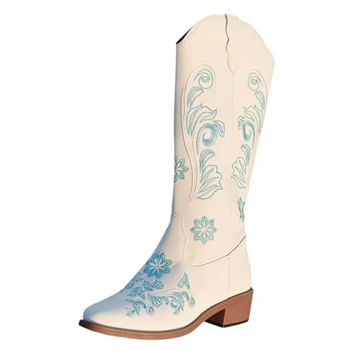 VBEDKDEB Boots Damen Mid Calf Stiefel Außenhandel Große Größe Hohe Stiefel Nicht Über Dem Knie Hohe Herbst Und Winter Neue Gedruckt Quadratischen Absatz Gummistiefel Kurz (White, 42) von VBEDKDEB