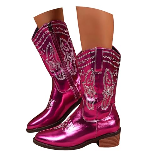 VBEDKDEB Boots Damen Mid Calf Stiefel Cowboystiefel Vintage Rote Damen Lederstiefel Blockabsatz Spitze Zehenpartie Wadenhohe Stiefel Schwarze Stiefeletten (Red, 39) von VBEDKDEB