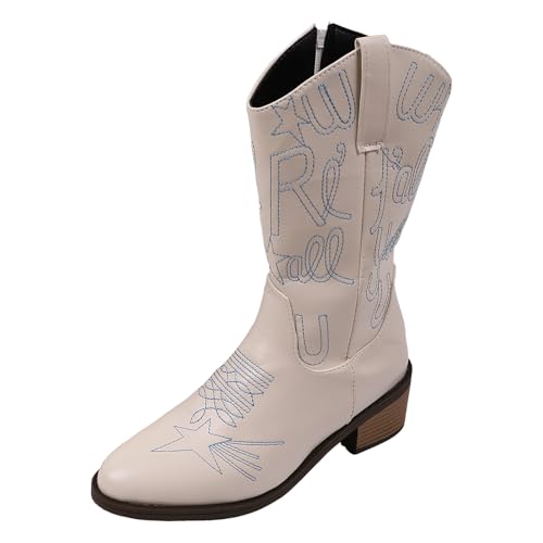 VBEDKDEB Boots Damen Mid Calf Stiefel Cowboystiefel Vintage Rote Damen Lederstiefel Blockabsatz Spitze Zehenpartie Wadenhohe Stiefel Schwarze Stiefeletten (White, 43) von VBEDKDEB