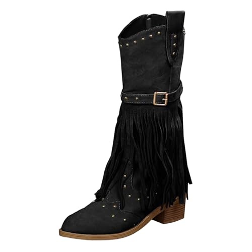 VBEDKDEB Boots Damen Mid Calf Stiefel Cowboystiefel für Damen, Westernstiefel, Spitze Zehenpartie, niedriger Absatz, Quastendekoration, Stiefeletten, Damenschuhe 22222schuhe (37) von VBEDKDEB
