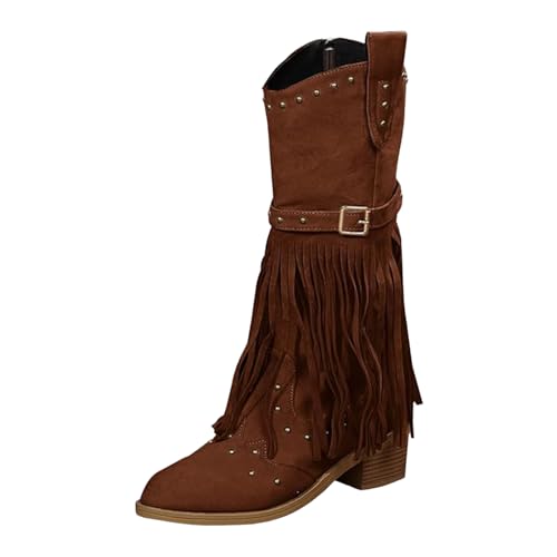 VBEDKDEB Boots Damen Mid Calf Stiefel Cowboystiefel für Damen, Westernstiefel, Spitze Zehenpartie, niedriger Absatz, Quastendekoration, Stiefeletten, Damenschuhe 22222schuhe (Brown, 41) von VBEDKDEB