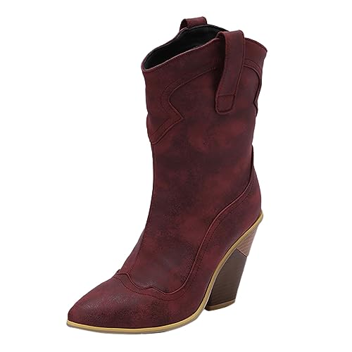 VBEDKDEB Boots Damen Mid Calf Stiefel Cowboystiefel für Damen, Westernstiefel, spitzer Zehenbereich, niedriger Blockabsatz, Kurze Stiefeletten Halbschuhe (39) von VBEDKDEB