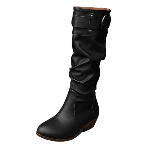 VBEDKDEB Boots Damen Mid Calf Stiefel Damen Britische Bequeme einfarbige runde Zehenpartie lässige Lange Stiefel Retro Modestiefel Lederstiefel Militär (41) von VBEDKDEB