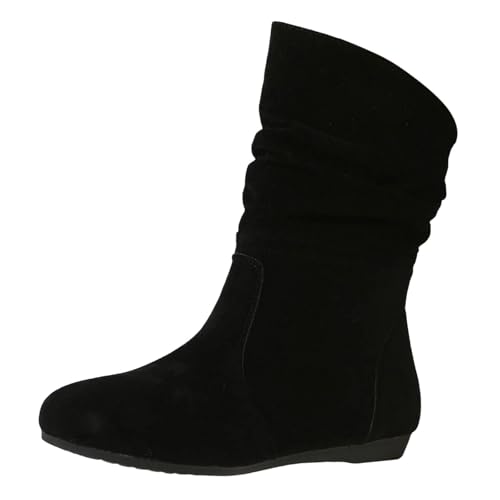 VBEDKDEB Boots Damen Mid Calf Stiefel Damen Britische Mode Einfarbig Wildleder Plissee Runde Kopf Casual Kurze Stiefel Kurze Gummistiefel (41) von VBEDKDEB