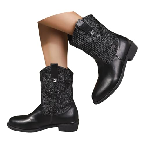 VBEDKDEB Boots Damen Mid Calf Stiefel Damen Reitstiefel mit durchbrochener Spitze, Retro Stil, spitzer Zehenpartie und klobigem Absatz, wadenlange Stiefel, modische mit Overknees (37) von VBEDKDEB