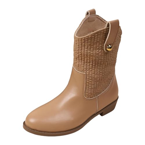 VBEDKDEB Boots Damen Mid Calf Stiefel Damen Reitstiefel mit durchbrochener Spitze, Retro Stil, spitzer Zehenpartie und klobigem Absatz, wadenlange Stiefel, modische mit Overknees (Brown, 42) von VBEDKDEB