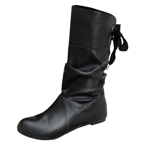 VBEDKDEB Boots Damen Mid Calf Stiefel Damen Stiefel, einfarbig, große Größe, Retro Stil, runde Zehenpartie, Schleife, geneigter Absatz, Dicke Sohle, leichte mit mittlerer Gummistiefel Festival (39) von VBEDKDEB