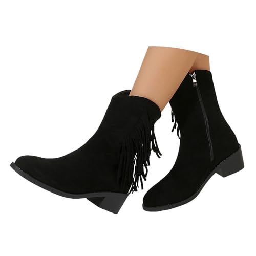 VBEDKDEB Boots Damen Mid Calf Stiefel Damen Stiefel aus Wildleder mit Retro Fransen, runder Zehenpartie, klobiger Absatz, Kurze schlankmachender V Schnitt, Western Cowboystiefel, Motorradstiefel (40) von VBEDKDEB