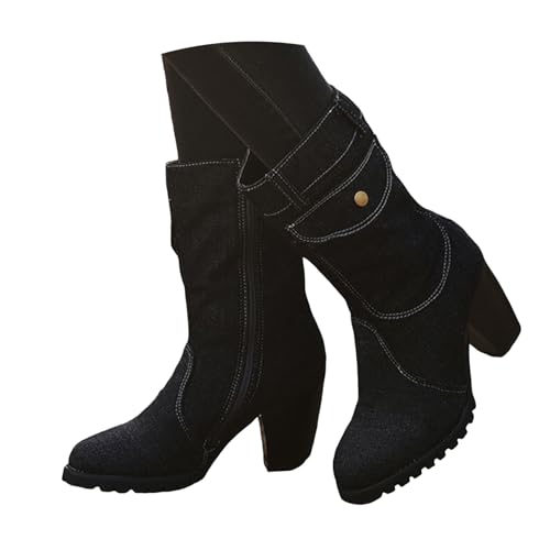 VBEDKDEB Boots Damen Mid Calf Stiefel Damen Stiefel mit seitlicher Tasche, verziertem Blockabsatz, Retro Denim, mittelhoher Wadenhöhe Regenschuhe (42) von VBEDKDEB