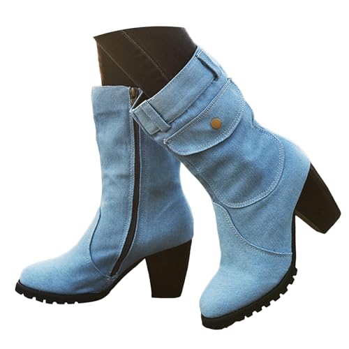 VBEDKDEB Boots Damen Mid Calf Stiefel Damen Stiefel mit seitlicher Tasche, verziertem Blockabsatz, Retro Denim, mittelhoher Wadenhöhe Regenschuhe (Light Blue, 38) von VBEDKDEB