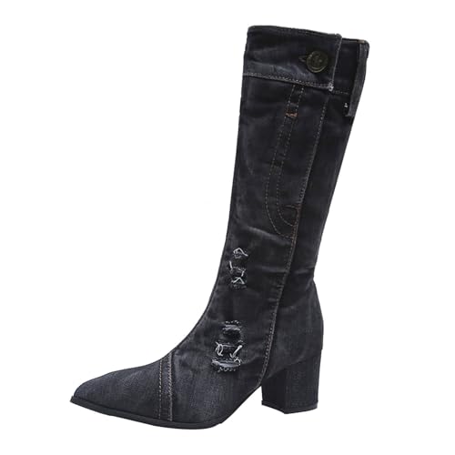 VBEDKDEB Boots Damen Mid Calf Stiefel Damen Stiefel mit spitzer Spitze und klobigem Absatz, modische Outdoor Gummistiefel Halbhoch (36) von VBEDKDEB