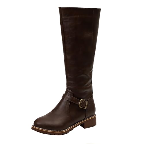 VBEDKDEB Boots Damen Mid Calf Stiefel Damen Stiefeletten mit Absatz, für mit Schnürung, Kalbsleder, Vintage Absatz, Dicke Freizeitstiefel, Retro Damenstiefel wasserdichte Schuhe (Brown, 40) von VBEDKDEB