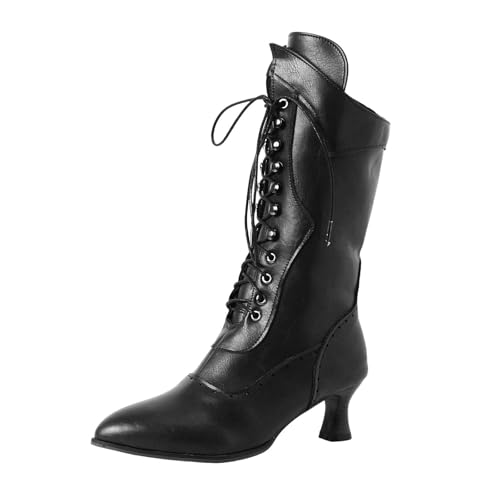 VBEDKDEB Boots Damen Mid Calf Stiefel Damen Stiefeletten mit Blockabsatz, Herbst und Winter, Spitze Zehenpartie, quadratischer Absatz, Schnürstiefel Cowboy Stiefeletten (40) von VBEDKDEB