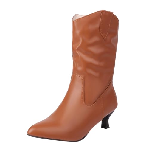 VBEDKDEB Boots Damen Mid Calf Stiefel Damen Stiefeletten mit spitzer Spitze und niedrigem Absatz, seitlicher Reißverschluss, Herbst Booties Winterboots (Brown, 42) von VBEDKDEB