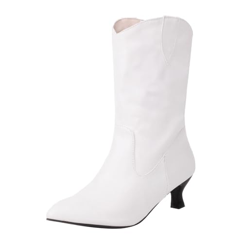 VBEDKDEB Boots Damen Mid Calf Stiefel Damen Stiefeletten mit spitzer Spitze und niedrigem Absatz, seitlicher Reißverschluss, Herbst Booties Winterboots (White, 42) von VBEDKDEB