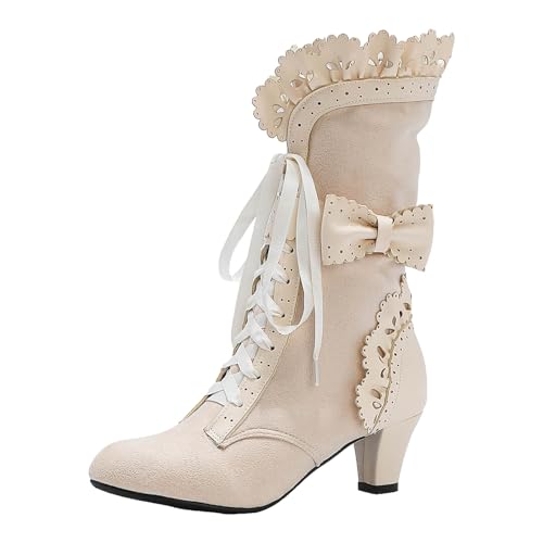 VBEDKDEB Boots Damen Mid Calf Stiefel Damen Vintage Stiefel Spitze Braut Bräute Hochzeit Mitte Wade Reißverschluss Kostüm Mid Heel Kleid Gothic (Beige, 40) von VBEDKDEB