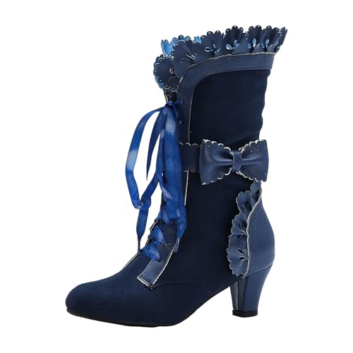 VBEDKDEB Boots Damen Mid Calf Stiefel Damen Vintage Stiefel Spitze Braut Bräute Hochzeit Mitte Wade Reißverschluss Kostüm Mid Heel Kleid Gothic (Blue, 38) von VBEDKDEB