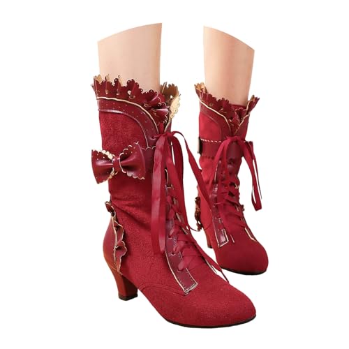 VBEDKDEB Boots Damen Mid Calf Stiefel Damen Vintage Stiefel Spitze Braut Bräute Hochzeit Mitte Wade Reißverschluss Kostüm Mid Heel Kleid Gothic (Red, 43) von VBEDKDEB