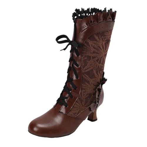 VBEDKDEB Boots Damen Mid Calf Stiefel Damen Vintage Stiefel Spitze Braut Bräute Hochzeit Mitte Wade Reißverschluss Kostüm Mid Heel Kleid Gumischtifel (Brown, 43) von VBEDKDEB