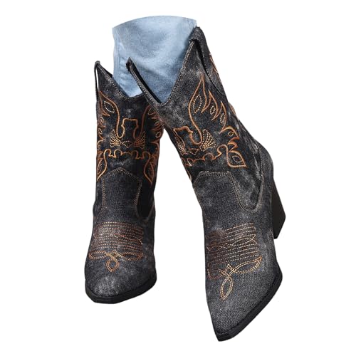 VBEDKDEB Boots Damen Mid Calf Stiefel Damen Wintermode Stiefel mit spitzer Zehenpartie und dickem Absatz Vielseitige, Bequeme Große Cowboystiefel Hohe (9) von VBEDKDEB