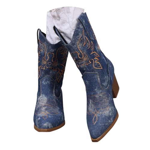 VBEDKDEB Boots Damen Mid Calf Stiefel Damen Wintermode Stiefel mit spitzer Zehenpartie und dickem Absatz Vielseitige, Bequeme Große Cowboystiefel Hohe (Blue, 8) von VBEDKDEB