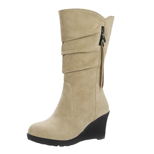 VBEDKDEB Boots Damen Mid Calf Stiefel Damenmode, Klassische Keilschuhe mit Reißverschluss und runder Zehenpartie aus Nubukleder Gummistiefel Damen Rosa (Beige, 42) von VBEDKDEB