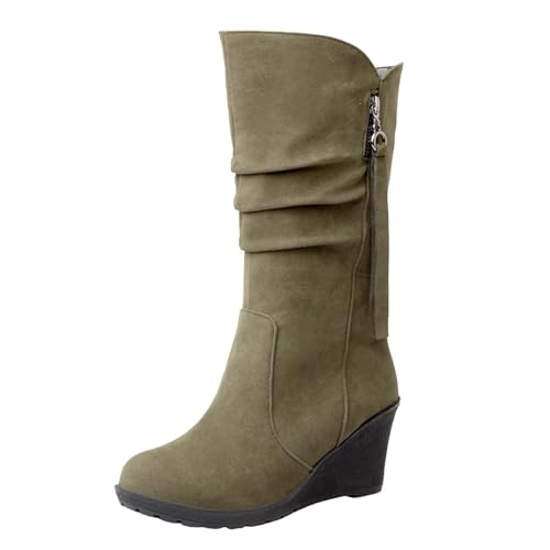 VBEDKDEB Boots Damen Mid Calf Stiefel Damenmode, Klassische Keilschuhe mit Reißverschluss und runder Zehenpartie aus Nubukleder Gummistiefel Damen Rosa (Green, 40) von VBEDKDEB