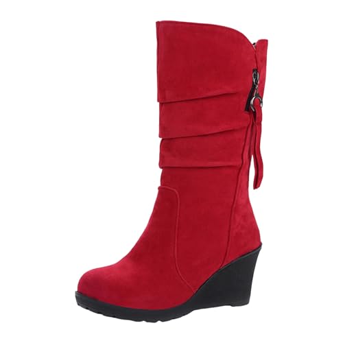 VBEDKDEB Boots Damen Mid Calf Stiefel Damenmode, Klassische Keilschuhe mit Reißverschluss und runder Zehenpartie aus Nubukleder Gummistiefel Damen Rosa (Red, 37) von VBEDKDEB