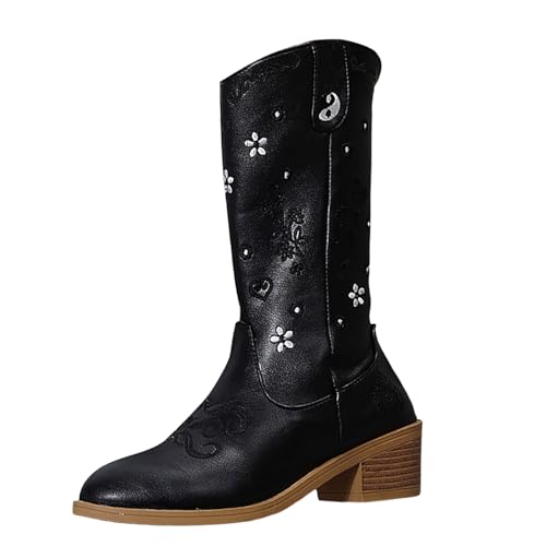 VBEDKDEB Boots Damen Mid Calf Stiefel Damenmode Lässig Blockabsatz PU Leder Spitz Western Cowboystiefel Weiblich Retro Aber Kniehoch Mittelkalb Stiefel Damen Mit Absatz (39) von VBEDKDEB