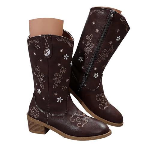VBEDKDEB Boots Damen Mid Calf Stiefel Damenmode Lässig Blockabsatz PU Leder Spitz Western Cowboystiefel Weiblich Retro Aber Kniehoch Mittelkalb Stiefel Damen Mit Absatz (Brown, 42) von VBEDKDEB