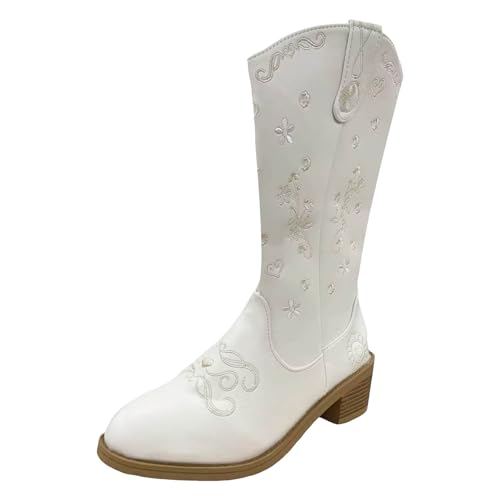 VBEDKDEB Boots Damen Mid Calf Stiefel Damenmode Lässig Blockabsatz PU Leder Spitz Western Cowboystiefel Weiblich Retro Aber Kniehoch Mittelkalb Stiefel Damen Mit Absatz (White, 43) von VBEDKDEB