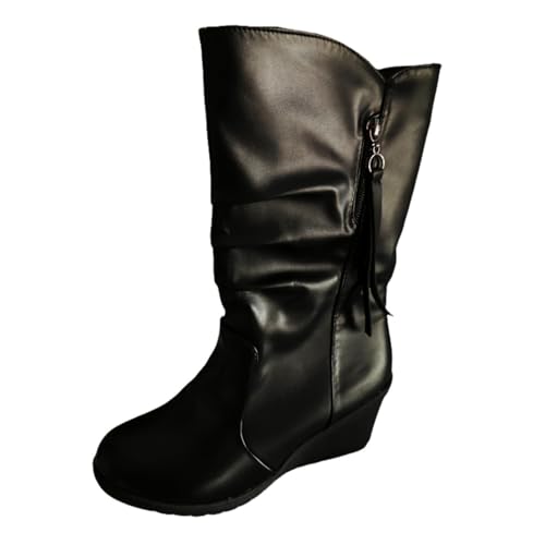 VBEDKDEB Boots Damen Mid Calf Stiefel Damenmode Leder High Top Reißverschluss Bequeme runde Zehenpartie Lässige Keilabsätze Gummischuhe Damen (38) von VBEDKDEB