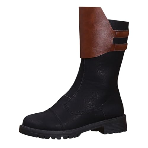 VBEDKDEB Boots Damen Mid Calf Stiefel Damenmode Retro Farbblock Leder seitlicher Reißverschluss Dicker Absatz mittellange Stiefel 22222schuhe Damen (38) von VBEDKDEB