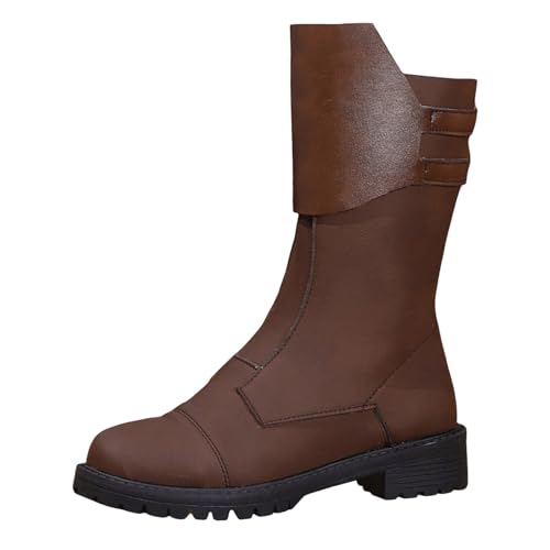 VBEDKDEB Boots Damen Mid Calf Stiefel Damenmode Retro Farbblock Leder seitlicher Reißverschluss Dicker Absatz mittellange Stiefel 22222schuhe Damen (Brown, 42) von VBEDKDEB