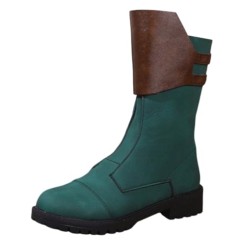VBEDKDEB Boots Damen Mid Calf Stiefel Damenmode Retro Farbblock Leder seitlicher Reißverschluss Dicker Absatz mittellange Stiefel 22222schuhe Damen (Green, 37) von VBEDKDEB