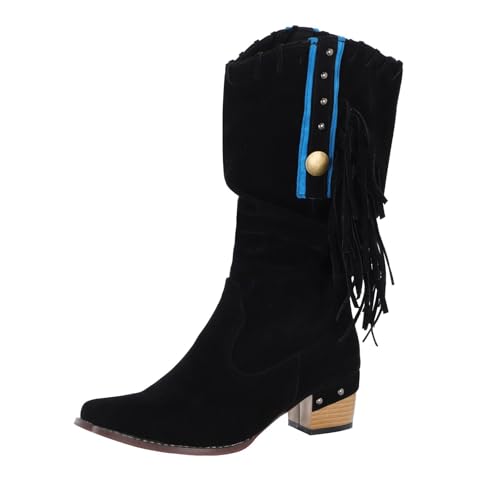 VBEDKDEB Boots Damen Mid Calf Stiefel Damenmode Retro Quaste Überstiefel Dicker Absatz Lässige Stiefel mit mittlerer Wade Gummi Boot (41) von VBEDKDEB