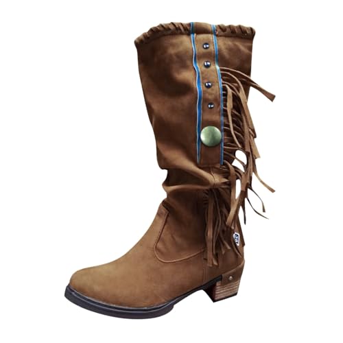 VBEDKDEB Boots Damen Mid Calf Stiefel Damenmode Retro Quaste Überstiefel Dicker Absatz Lässige Stiefel mit mittlerer Wade Gummi Boot (Brown, 35) von VBEDKDEB